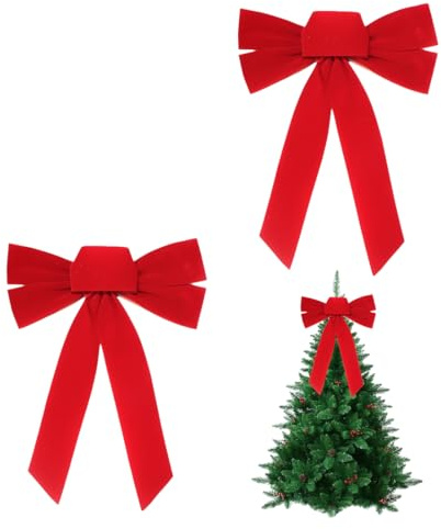ZORVYN 2 piezas Lazo Grande de Navidad, Lazos Rojos para Árbol, Decoración para Corona, Puertas, Escaleras, Patios y Ventanas (27x35cm) (Rojo)