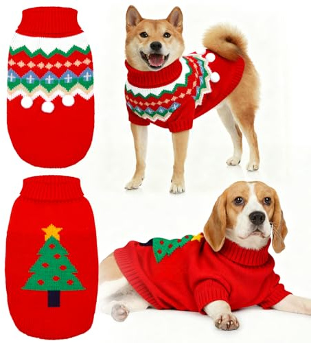 2 Piezas Jerseys de Navidad Perros, Jerseys Navidad Mascotas, Ropa Invierno Cálida Suéter Punto para Perros Mediano