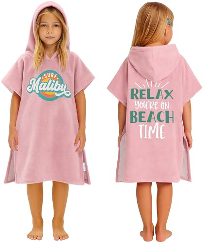 CalmyBEACH Badeponcho Kinder Poncho Handtuch - Mädchen Jungen Surf Frottee Bademantel Badetuch Baumwolle Strandponcho Surfponcho Kapuzenhandtuch 4-7 Jahre Malibu Rosa
