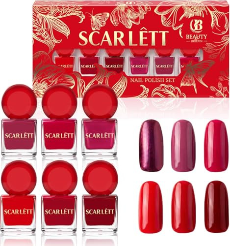 Scarlett Nail Polish Set - 6 Red & Burgundy Colours, High Pigment Nail Varnish Kit, Long-Lasting Gloss