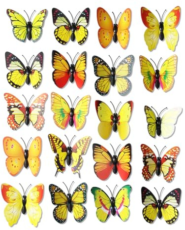 WINXMIN 20 Stück Schmetterling Deko mit Sicherheitsnadeln, Schmetterling Brosche, PVC Schmetterlinge zum Anstecken, Schmetterlinge Anstecker für Kleidung Rucksack Curtains Dekoration(Gelb)