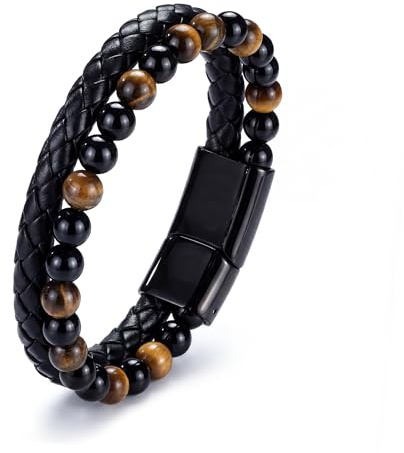 RANKEEF Mens Leather Bracelet - Tiger Eye Mens Beaded Bracelets to My Man Pulseras Para Hombres Leather Beaded Bracelets for Men