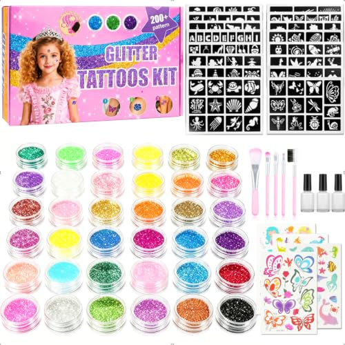 Glitzer Tattoo Set Kinder, 36 Farben Wasserfeste Glitzertattoos Kinder Set | 220 Schablonen, 4 Tattoos, 5 Pinsel, 3 Kleber, Temporäre Tattoos für Kinder, Mädchen, Partys, Weihnachten