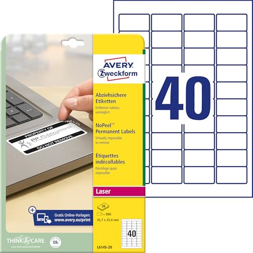Avery Zweckform L6145-20 Abziehsichere Etiketten, 45,7 x 25,4 mm, 20 Blatt/800 Etiketten, weiß