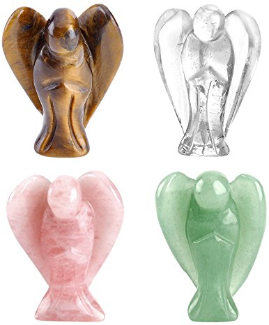 CrystalTears 4 pcs Engel Figuren Edelsteine Engel Deko Set 4cm Schutzengel zum Mitnehmen Talisman Sammlerfiguren(Rosenquarz+ Tigeraugen+ grüner Aventurin+Bergkristall)