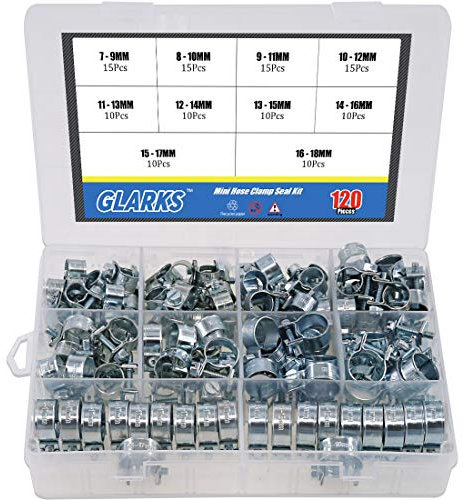 Glarks 120Pcs 10 Size Mini Fuel Injection Style Hose Pipe Clip Clamp Assortment Kit For Diesel Petrol Pipe