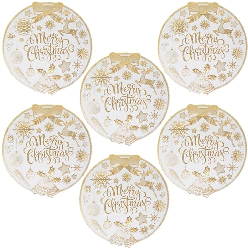NAMAI - Set di 6 Tovagliette Sottopiatto Natalizie in Plastica, 38 CM Diametro, Lavabili e Riutilizzabili, Sottopiatti Natalizi, Idea Regalo (Bianco Oro)