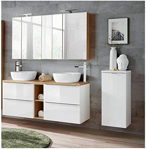 naka24 Badmöbel Set Capri-B Weiss Hochglanz 140 cm mit 2 Waschbecken LED Soft - Close (Waschtisch Spiegelschrank Unterschrank)