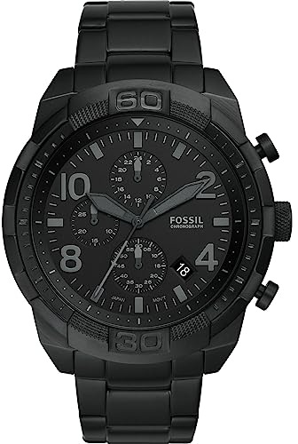 Fossil Bronson uhr für Herren, Chronographenwerk mit Leder- oder Edelstahlarmband, Tiefschwarz, 50MM