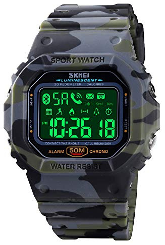 SKMEI Digital Watch for Men, Waterproof Military Wrist Watches with Pedometer Calorie Chronograph Call SMS Reminder LED Backlight Running Sport Watches for Men, camouflage green, 2.2*2*0.6 inch