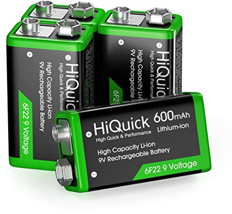 HiQuick 9V Akku, 9V Block Batterien, 600mAh Li-ion Wiederaufladbare Batterie, 1200 Ladezyklen, 4 Stück, für Rauchmelder Multimeter Alarmsystem Walkie Talkie