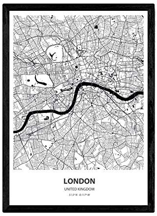 Nacnic Poster mit Karte von London - UK. Sheets Städte UK Meere und Flüsse in schwarz und weiß. A3