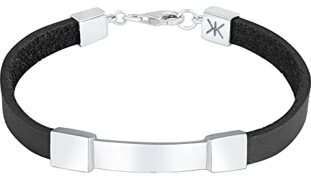 Kuzzoi Herren ID-Armband in 925 Sterling Silber, Breites Lederarmband für Manner mit Karabiner-Verschluß, Männer Armband Leder schwarz mit Gravur platte, Länge: 21 cm