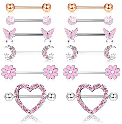 ORAZIO 6 Pairs 14G Nipple Rings for Women Men 316L Stainless Steel Heart Butterfly Moon CZ Flower Barbell Nipple Rings Set Cute Nipplerings Tongue Bars Body Piercing Jewelry
