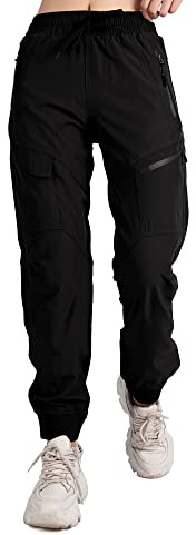 Singbring Women's Athletic Hiking Cargo Joggers Pants Outdoor Workout Lightweight Quick Dry UPF 50 Zipper Pockets (Black88-2XL)