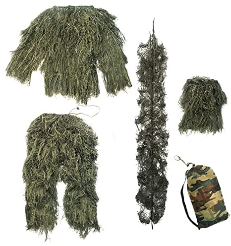 Kinder Ghillie Anzug Taktischer Tarnanzug für Party Wargame Jungle Apparel, Grün 110~140CM