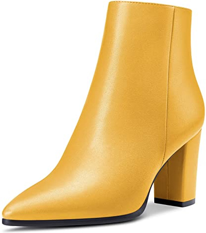 HDEUOLM Femmes Bloc Chunky Haut High Talon Heel Pointu Bout Fermeture à Glissière Bottines Mariage Bureau 8.5 CM Heels Jaune 38 EU