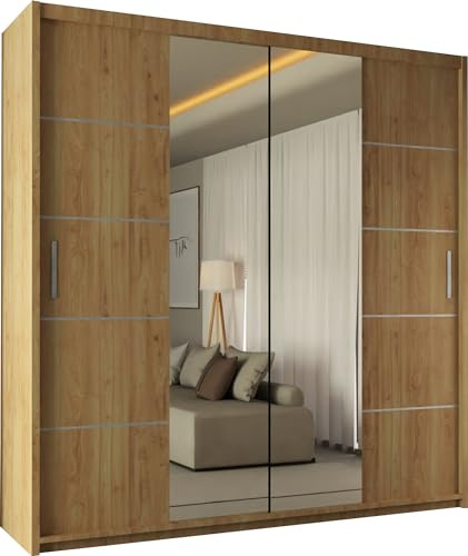 SLIDING WARDROBE 4U Winnipeg Double Door Sliding Mirror Wardrobe with Adjustable Shelves and Hanging Rails (Oak, 180cm)
