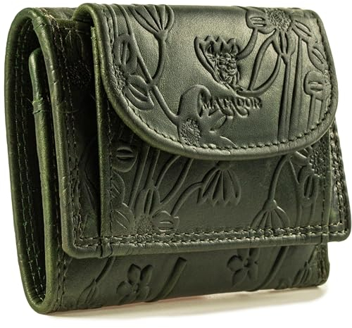 MATADOR Portmonee Damen Klein Leder #GENF Portemonnaie Klein mit edler Geschenk Box, Elegante Mini Geldbörse Damen mit RFID Blocker, Luxus Geldbörse mit vielen Fächern in Blumen Grün