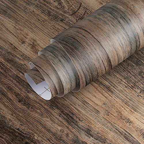 JSEVEM 60CM×9M Big Thick Brown Grey Wood Wallpaper Peel and Stick Vinyl Wrap Waterproof Gray Wood Contact Paper Sticky Back Plastic Roll Matte Textured Wall Tile Stickers for Walls Bedroom Cabinets