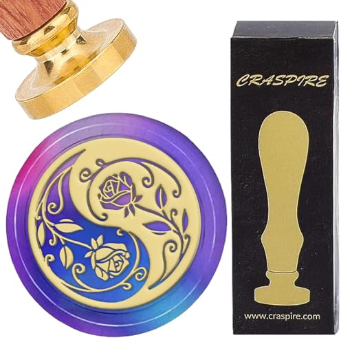 craspire Rosenwachs-Siegelstempel, 25 mm, Yin-Yang-Rosenblume, Siegelwachsstempel, Retro, Abnehmbarer Messingkopf Mit Holzgriff Für Hochzeitseinladungen, Umschläge, Geburtstagsfeier, Erntedankfest