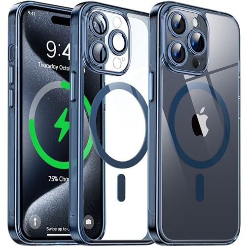 Flyzoo Clear Magnetic Case for iPhone 15 Pro (6.1'') with Camera Protector, [Compatible with MagSafe] [Non-Yellowing] [Shockproof&Antiscratch Protection] Hard Transparent Cover with Silicone Edge,Blue