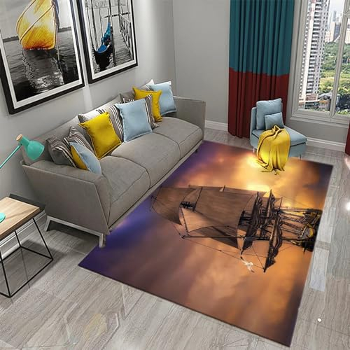 Ölgemälde Segelboot Sonnenuntergang Meereslandschaft Teppich Kinderteppich Wohnzimmerteppich Schlafzimmerteppich 3D-Gedruckter Superweicher Flanellteppich 100 X 150 Cm - Polyester-Soft-Touch,L -2Q0P9S