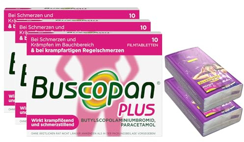 Buscopan PLUS Filmtabletten bei Regelschmerzen | 3 x 10 St mit 2 x Allegra Taschentücher |Schnelle Linderung bei Periodenschmerzen nach ca. 15 Min | Zweifach Wirkung: Krampflösend und schmerzstillend