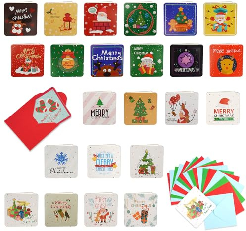Juego de 24 tarjetas de Navidad pequeñas con sobre, 7 x 7 cm, tarjetas plegables de Navidad, tarjetas de Navidad con bonito patrón, tarjetas de felicitación en blanco para escribir, tarjetas postales