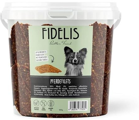Fidelis – Pferdefilets für Hunde im wiederverschließbarem 500gr-Eimer - Luftgetrocknete Hunde Leckerlis aus 100% natürlichen Rohstoffen
