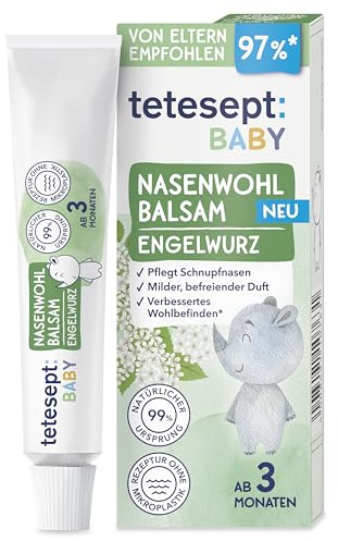 tetesept Baby Nasenwohl Balsam 10 ml – Ätherisches Öl aus Engelwurz und Panthenol pflegt verstopfte Schnupfnasen – Milde Aroma Pflege für Babys ab 3 Monaten, vegan