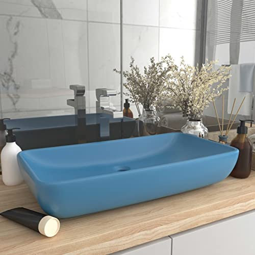 Brokky Lavabo Lusso Rettangolare Azzurro Opaco 71x38 cm in Ceramica-Lavandino di Appoggio Design Moderno,Lavabo ad incasso in ceramica,Rettangolare,Finitura Bianco Lucido,Lavamani senza Piletta,Bacine