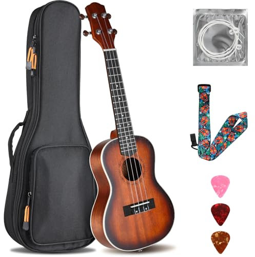 Ukulélé Guitare Acoustique 23 Pouces Adulte en Bois d'Acajou, Soprano Concert avec Cordes et Sac de Transport Professionnel, Brun Rougeâtre