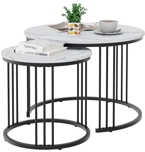 Round Coffee Tables, Set of 2 End Table, Nesting Tables, Side Table with Metal Frame for Living Room/Bedroom/Balcony/Office/Apartment, Diameter 23.6/15.7 IN (Black Frame, White Marble Finish Top)