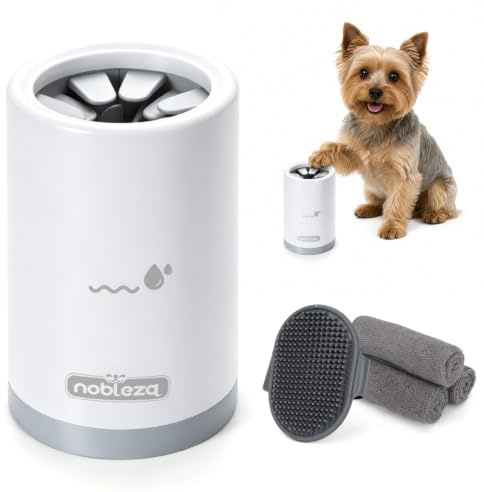 Nobleza Limpiador de Patas para Perros Talla S - Kit de Aseo 5 en 1 con 3 Toallas y 1 Cepillo de Baño Grande, Taza Lavadora Portátil de Silicona para Mascotas, Elimina Barro y Suciedad (Gris)