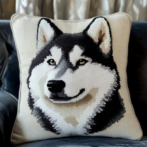 ORLUMY DIY Knüpfkissen Zum Selber Knüpfen Knüpfhaken-Sets Mit Husky-Hund，Cartoon-Hund，3D-Kissen，Materialpaket，Bezug，Knüpfhaken-Set，Kissen-Stickset，Bastelset，Heimdekoration 43x43cm
