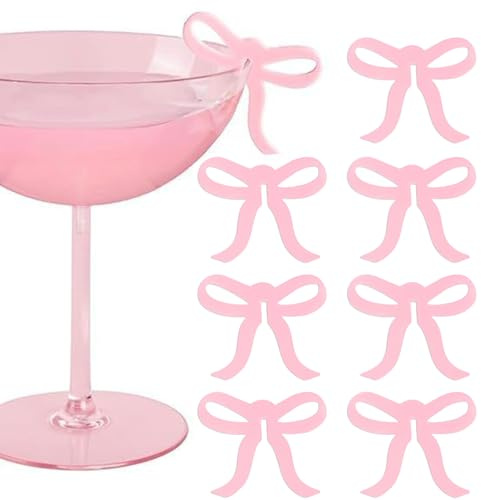 RYMAUP 8 Piezas de Etiquetas para Copas de Vino con Lazo Rosa, Marcador de Silicona para Bebidas, decoración de Fiestas temática de coquetería, Marcador de Copas para Uso doméstico, Marcador de Vino