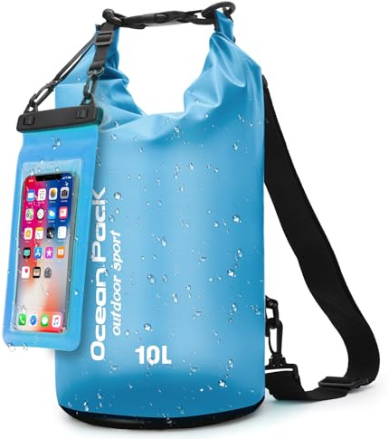 Dry Bag mit Handy-Schutzbeutel & Trageriemen – Wasserdichte Tasche für Outdoor, Camping & Wassersport | 5L, 10L, 20L | Ultraleicht & Robust | Packsack Wasserdicht & Dry Bag Rucksack (Blau, 10 L)