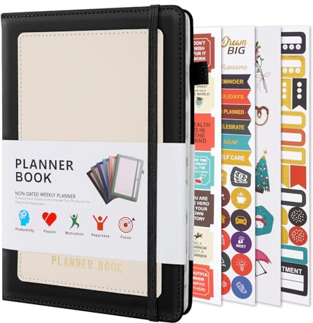 Agenda Settimanale A5, Weekly Planner non Datata Pianificatore Settimanale Copertina Rigida in Pelle PU Diario Accademico con Adesivi e Segnalibro per l'Ufficio scolastico Nero