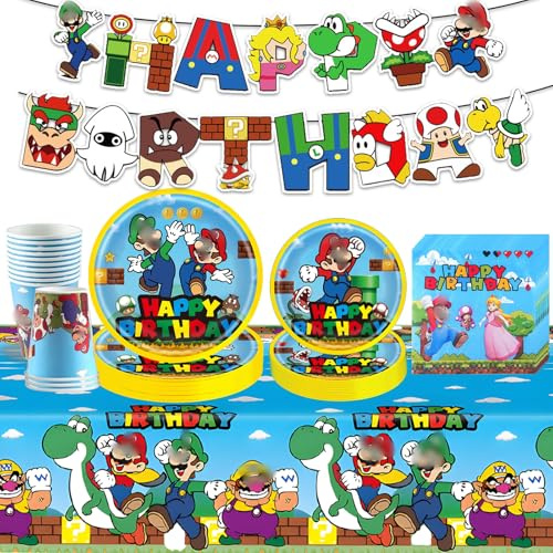 Super Bros Pappteller Kindergeburtstag Deko Junge Mädchen- Mari Geburtstag Geschirr Set Geburtstagsdeko Super Brothers Partygeschirr Pappteller Tischdecke Banner Teller Servietten Party Supplies Deko