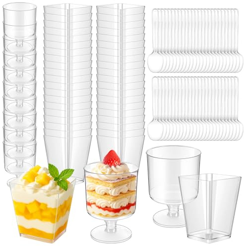 Spoyletto 50 vasos de postre de plástico, copas de postre 150ml con cucharas - 2 diseños diferentes, vasos de postre reutilizables para helados, mousse, pudding, fiestas, cumpleaños, bodas