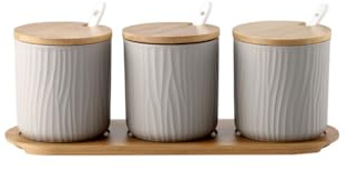 AOWVUTS Juego de 3 Azucarero Saleros de Cocina de Cerámica Azúcar Pot con Tapa de Bambú y Cuchara Botes para Especias Tarros de Almacenamiento Cocina Reastaurant (Gris)