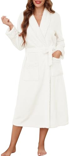 Lovasy Vestaglia Lunga Donna in Pile Accappatoio Invernale Flanella Calda con Cintura e Tasca Morbido e Soffice Vestaglie da Camera per doccia, spa, casa,A-Bianco,M