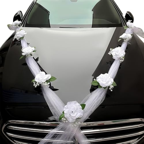 Autoschmuck Hochzeit Deko, Autoschleifen Auto Deko Hochzeitsdeko Autoschmuck Motorhaube Braut Paar Rose Blumenschmuck Wedding Girlande für Hochzeit Party (Weiß 2)