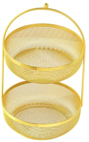 perfk Corbeille à fruits à double étage, présentoir grande capacité, panier à fruits en fil métallique pour légumes, oignons, bananes, jardin, Doré
