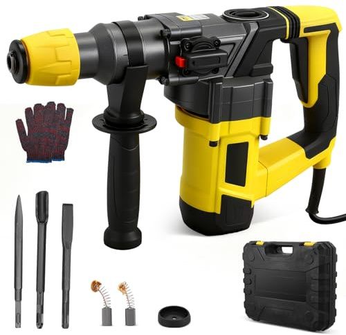 JoyCushy 1400W SDS Plus Rotary Hammer Drill, with Vibration Control, 4500BPM, 2 in 1 Function (Drill/Chisel),360° Auxiliary Handle, Corded Rotomartillo for Concrete-Including 3 chisels & Carrying Case