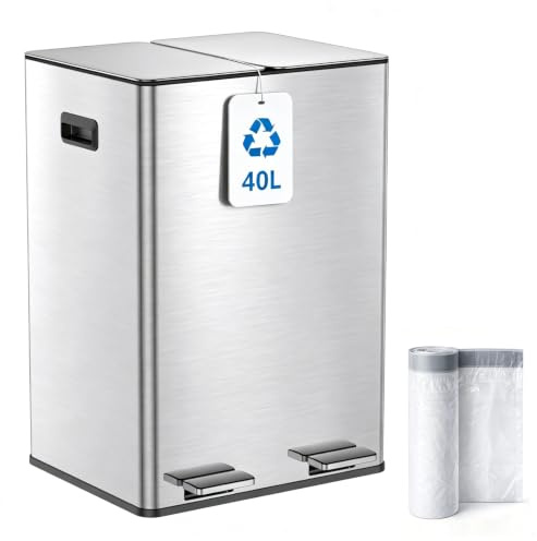 Kitchen Bin, 40L Double Bin, Tall Slim 2 x 20L Stainless Steel Pedal Bin, Dual Bin Rubbish Recycling with Soft-Close Lids and Plastic Inner Buckets, Trash Can for Narrow Spaces, Metal Silver
