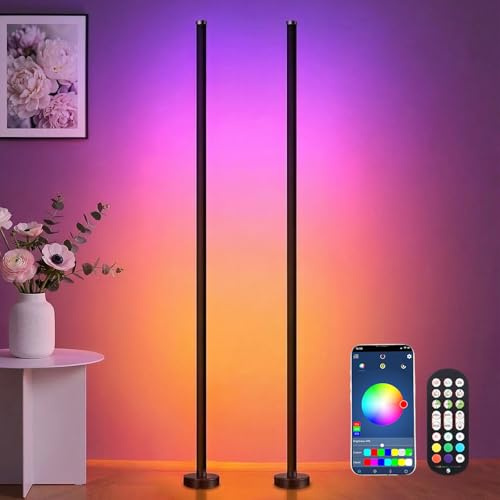 IRONDELIC 2er Set LED Stehlampe RGB Dimmbar, 120cm Ecklampe mit App-Steuerung & Fernbedienung, Musik-Sync & DIY-Modus, Moderne Standleuchte für Gaming, Wohnzimmer, Schlafzimmer, Party, Schwarz