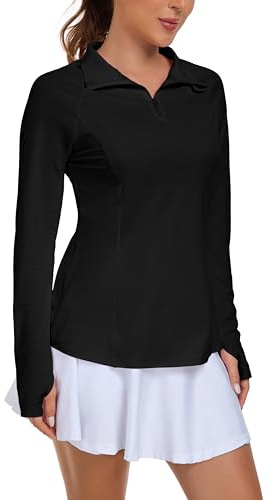 IWOLLENCE Löpartröja dam, långärmad, lös passform, sportjacka, funktionell skjorta, sportskjorta, UV-skydd, skyddströja, UPF 50 UV 1/4 dragkedja med tumhål och dold ficka till höger, svart, XS