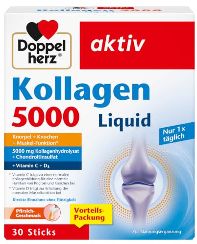 Doppelherz Kollagen 5000 Liquid - mit leckererm Pfirsich-Geschmack | mit Kollagenhydrolysat, Chondroitinsulfat, Vitaminen und Mangan - direkte Einnahme ohne Flüssigkeit - 30 Sticks
